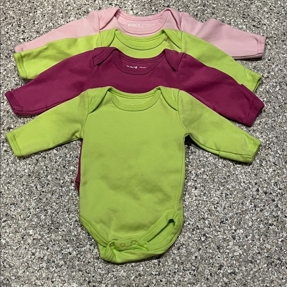New Pact organic long sleeve onesies Light Pink, Dark Pink, Lime 0 - 3
